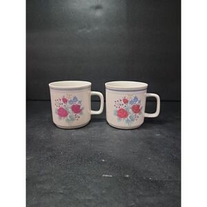 Gibson Style Stoneware Coffee Cups, Rose Tea Cups, Set of 2, Purple Blue Flowers